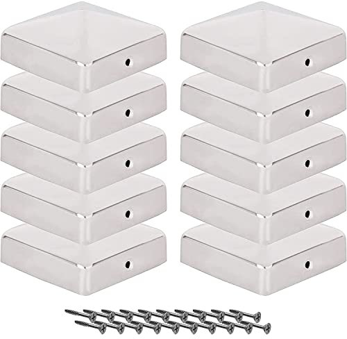 Pfostenkappen 9x9 cm - 10 Stück, 91x91 mm, Edelstahl Zaunpfosten/Zaunpfosten Metall, Pyramiden Form - Pfostenabdeckung/Zaunpfosten Kappen für Holzpfosten/Abdeckkappen Zaunpfosten mit Schrauben