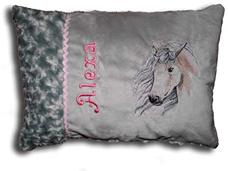 Besticktes Kinderkissen Babykissen mit Pferdekopf und Name | personalisiert, Stoffe in weiteren Farben wählbar