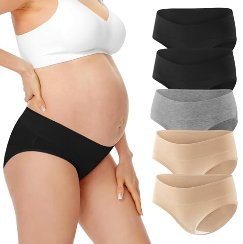 HBselect Culotte Maternité de Grossesse Femmes Enceintes de sous-vêtements Femme Culottes Berceau de Maternité Grossesse 95%% Coton, 5%% élasthanne 5pcs M 2×Noir + 2×Beige + Gris