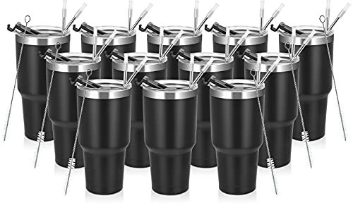 12-pack dricksglas i rostfritt stål, 8,5 dl isolerade glas, dubbelvägg vakuumglas kaffekopp, rostfritt stål resemugg med lock och sugrör, hållbar pulverlackerad isolerad kaffekopp, svart