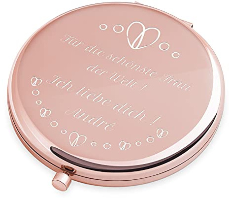 Maverton Klappspiegel mit Gravur - Rosegold - Schminkspiegel mit Vergrößerung - personalisierter Make up Kosmetikspiegel - Reisespiegel für Handtaschen - Geschenke für Frauen - Spiegel rund