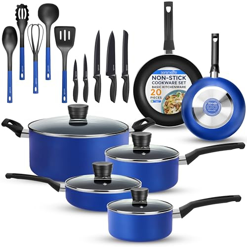 SereneLife Nonstick Pots and Pans Set 20-Piece – Aluminium Cookware Set with Glass Lids, Fry Pan, Saucepan & Cooking Pot, Stainless Steel Knife Set and Kitchen Utensils, Blue