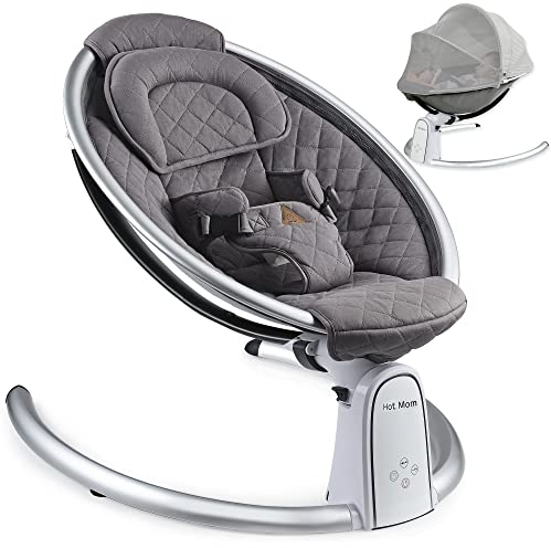 Hot Mom Baumwolle Babywippe, Babywiege mit 5 Schwingungsamplituden, Bluetooth Musik, Leichter Babyschaukelstuhl mit Smoother Schaukelbewegung, 2023 Neu (Dunkelgrau)