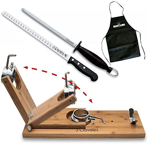 Bricolemar Set de Jamonero Giratorio Plegable Metal/Madera + Cuchillo Jamonero Alveolado con Chaira + Delantal Negro Regalo (Soporte Largo Plegable Giratorio + Set Cuchillo Alveolado y Chaira)