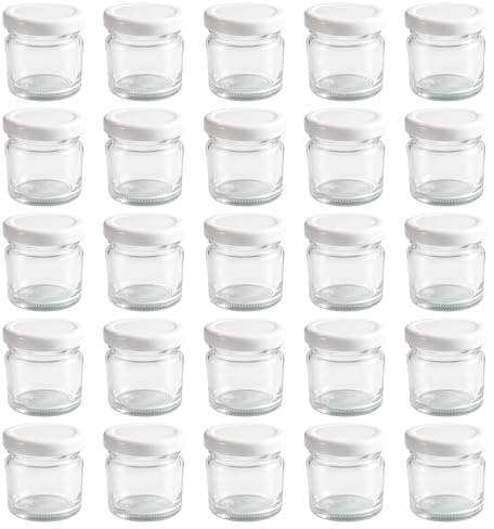 Vitrea 25x Mini Marmeladengläser 50 ml - mit Deckel Weiß TO 43 - kleine Einmachgläser zum befüllen mit Schraubdeckel - Schraubgläser - leere Gläser für Marmelade - 25 Stück