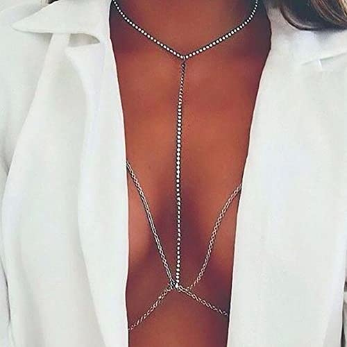 Carufin Sexy Bikini-BH-Körperkette, Silber, Kreuz, Brustkette, Dessous, Kristall, Halskette, Zubehör, Schmuck, verstellbar für Frauen und Mädchen
