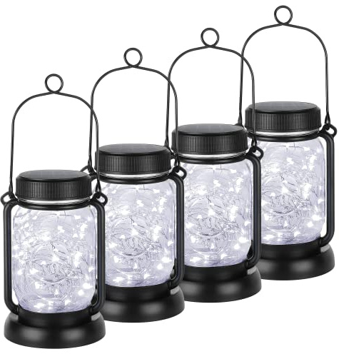 Mlambert Cool White 4 Pack Solar Hanging Mason Jar Lights with Stakes, Waterproof Decorative 30 LEDs Outdoor Solar Lantern Lamp Patio Garden Tree Yard