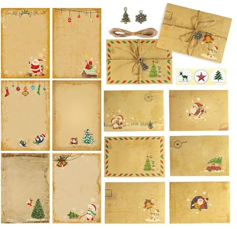 Weihnachtsbriefpapier mit Umschläge Ohne Fenster 12 Sets | Vintage Briefpapier Weihnachten mit Umschlag Hanfseil und Weihnachtszubehör Beste Wünsche für Verwandte Freunde Kollegen (A5)