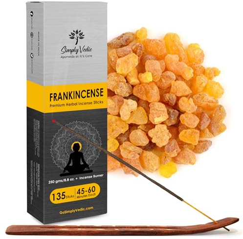 Simply Vedic Frankincense Incense Sticks 250g | 135 Long-Lasting Natural Hand-Rolled Sticks + Holder | No Charcoal, 60 Min Burn | Aromatherapy, Yoga, Meditation, Spiritual Healing, Home Fragrance