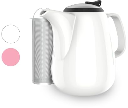 Verre Collection Premium White Large Teapot with Infuser - 47 oz / 1400 ml - Ceramic Teapot with Heat Resistant Handle & Removable Steel Infuser - Ideal for Gatherings