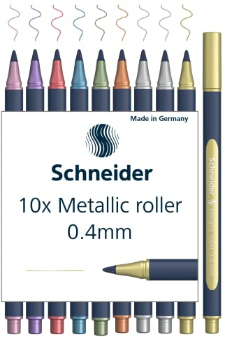 Schneider Paint-It Metallic Rollerball 050 (Strichstärke 0,4 mm, hochmetallische Tinte, schnelltrocknend, Gehäuse aus 88% biobasiertem Kunststoff) 10 Stück sortiert