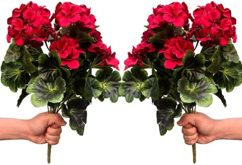 WAIFOMEI Artificial Geranium Silk Flower Bush Red 19 Inches Faux Geranium Flowers Plant for Outdoor Planter Home Patio Garden Decoration Set of 2