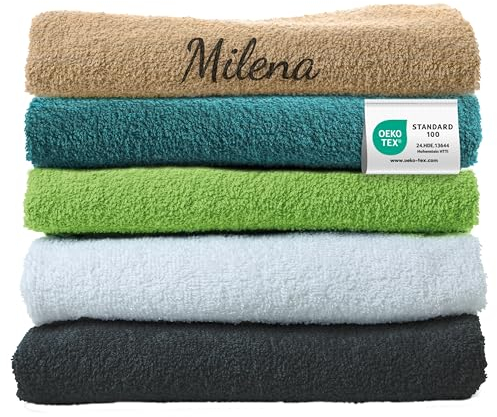Handtuch mit Namen Bestickt, Oeko-TEX® Standard 100 - Personalisiertes Badetuch aus nachhaltiger Baumwolle mit gesticktem Namen oder Wunschtext (80 x 180 cm, Weiß)