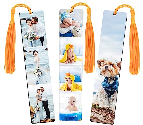 HOUSWEETY Personalisiertes Lesezeichen, individuelles Foto-Lesezeichen mit Quaste für Frauen, Leser, Buchliebhaber, Studenten, Lehrer (3 Fotos, 15 x 3 cm)