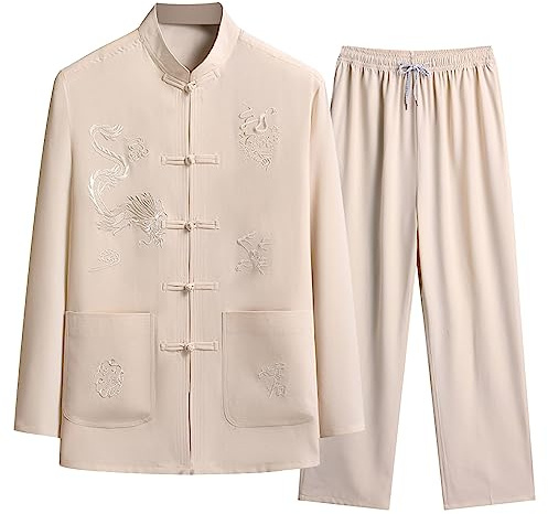 Darringls Kung Fu Ensemble de costumes chinois pour homme - Hanfu - Arts martiaux - Haut et pantalon - Chemise traditionnelle Wing Chun Taichi Uniforme, beige, M