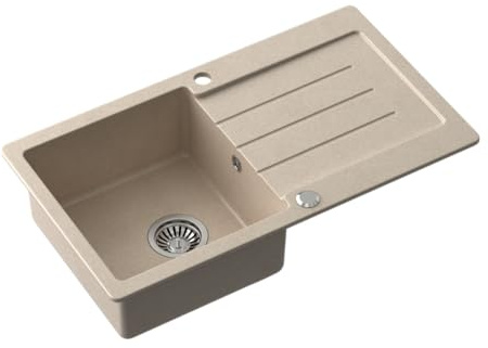 myQ Spülbecken Granitspüle | Größe: 77 x 44 x 18,5 cm, Farbe: Beige | PARIS 11 Küchenspüle Einzelbecken-Spüle mit Abtropffläche und manuellem Siphon | für Schränke ab 50 cm