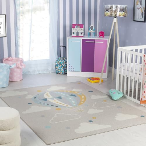 Livabliss Heissluftballon Kinder - Cartoon 160x213 cm, Tier Kinderzimmer oder Babyzimmer, Krabbel oder Spiel - Babymatte für Jungen & Mädchen, Grau