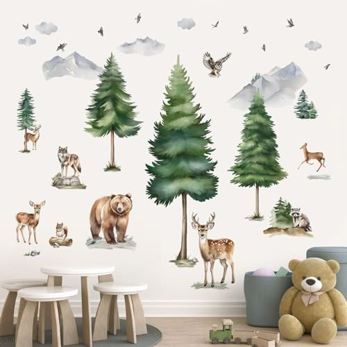 wondever Wandtattoo Waldtiere Baum Groß Wandsticker Hirsch Bär Wolf | Abziehen und Aufkleben, Abziehbar, Wandaufkleber Selbstklebend für Kinderzimmer Babyzimmer Schlafzimmer Wanddeko