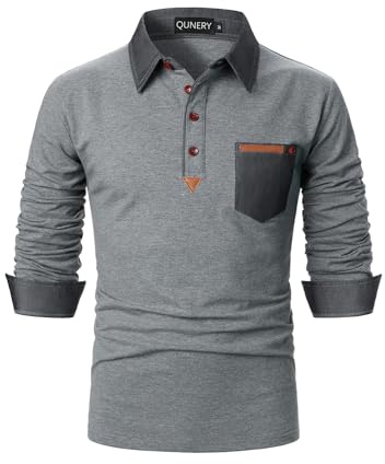 QUNERY Poloshirt Herren Langarm Getäfelt T Shirts Golf Tennis Hemden Casual Tops Grau XL