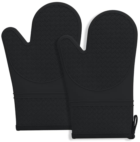 MEETOZ Silicone Oven Mitts, Oven Gloves with Non-Slip silicone- 2PCS Black Oven Mitts Heat Resistant 600 Degree, Soft Lining Silicone Oven Gloves for Cooking Baking Kitchen Mittens
