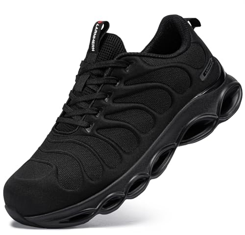 LARNMERN Steel Toe Cap Trainers Mens Safety Trainers Breathable Safety Shoes Comfortable Work Shoes Lightweight Cushioning Fashion (Pure Black Dark,10 UK)
