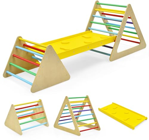 HOMASIS 3 en 1 Triangle d'escalade avec toboggan pour enfants, mur d'escalade enfants en bois, rampe multifonctionnelle, ensemble de jouets d'escalade pour enfants (coloré)