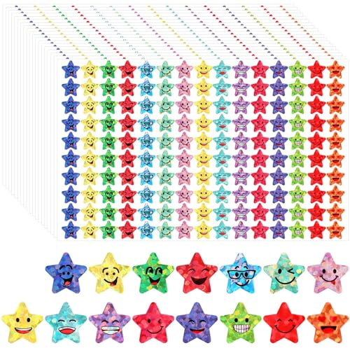 JANYUN 6750Pcs Small Star Stickers - 15 Designs Happy Smile Face for Kids Reward, Glitter Foil Labels for School Students Teacher Supplies