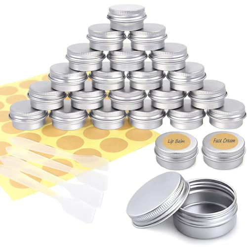 Redamancy 24 Stück Aluminium Döschen, 5ml Aluminium Leer Döschen, Lippenbalsam Döschen mit 70 Runde Aufkleber, Cremedosen zum Befüllen für Lippenbalsam, Lotion, Creme, Masken, Mini-Kerzen, Kosmetik