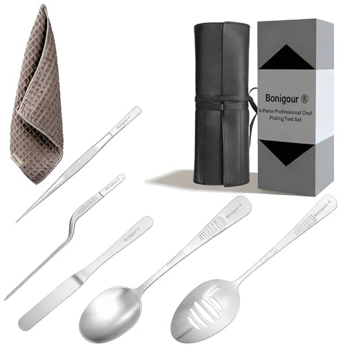 Bonigour Set di utensili da cucina per placcatura, 6 pezzi, kit professionale di strumenti per placcatura, utensili da cucina, spatola, pinzette per cucina modernista e arte alimentare, nero, utensili