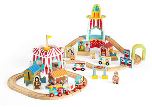 Bigjigs Rail – Fun Fair Trail Set – 54 lekstycken träkarnevaler – tåg, barntåg och järnvägsset, leksaker och presenter till småbarn, tillverkade av hållbart trä, ålder 3 år gammal