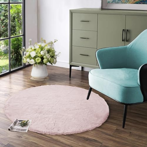 Latepis Light Pink Circle Rug 3ft Fuzzy Round Throw Rug Non-Slip Faux Rabbit Fur Carpet for Bedroom, Living Room, Nursery, Playing Room and Dorm Rug
