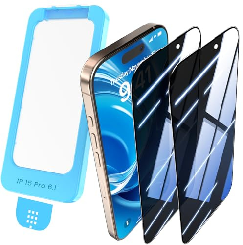 Orealgut für iPhone 15 Pro für Panzerglas Sichtschutz, 9H+ Schutzglas Bruchsicher, Premium 26°Blickschutzfolie, [Auto-Installation] 100% Staubfrei, Full Screen Privacy Schutzfolie, 2 Stück