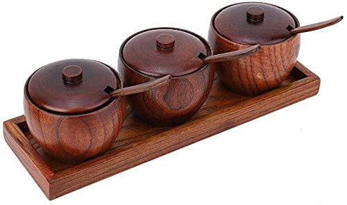 ABBNIA Gewürzglas, 1 Set, Holz-Gewürzglas, Zuckerdose, Salz- und Pfefferstreuer, Gewürzbox, Topf mit Löffel und Deckel, Vintage-Menage, Soßendosen, Küchen-Kochwerkzeug