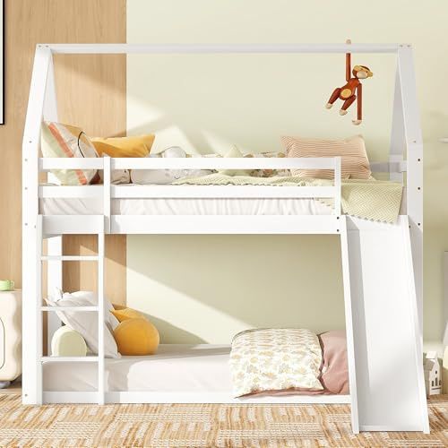 Kinderbett 90x200 Etagenbett für 2 Kinder, Hausbett Hochbett mit Rutsche und Leiter, Holzbett mit Rausfallschutz und Lattenrost, Multifunktionsbett Stockbett Spielbett Jugendbett, Ohne Matratze, Weiß