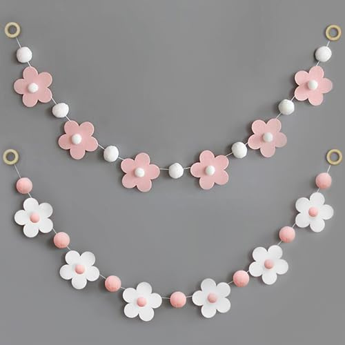 2 Stück Filz Girlande Mit Blumen Weiß Rosa Kugeln - Daisy Banner für Retro Blumengirlande - Gänseblümchen Deko für Zimmer und Schlafzimmer