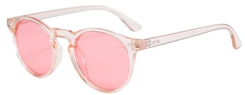 Lång behållare retro runda polariserade solglasögon män kvinnor små cirkel solglasögon klassiska vintage nyanser unisex UV400-skydd runda solglasögon, Klar rosa ram rosa lins