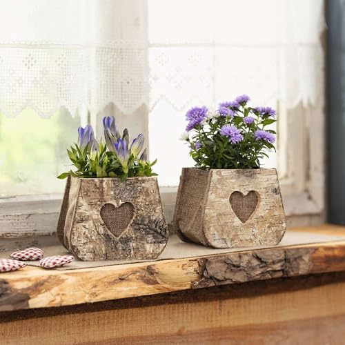 FRANK FLECHTWAREN Pflanztasche Birkenherz, 2er Set, Birkenrinde, naturbelassen, Textil, ausgeschlagen mit Folie Maße: 14 x 11 x 11 cm