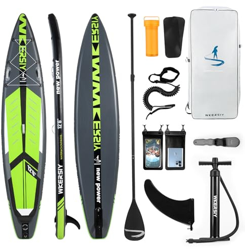 Wkersiy Inflatable Stand-Up Paddle Board 12' 6/11'6 * 32 * 6 Touring SUP Suitable for Long Distance Paddling Travelling-Friendly fo r2 Persons Inflatable Paddleboard (Green, 12'6 * 30)