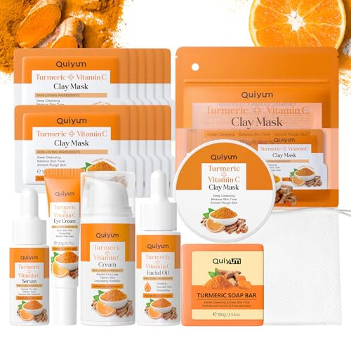 QUIYUM Curcuma Vitamina C per la cura del viso, set regalo per la cura della pelle, 7 pezzi, idratante per la cura del viso, con Essence, crema per gli occhi, crema, maschera di argilla, sapone fatto