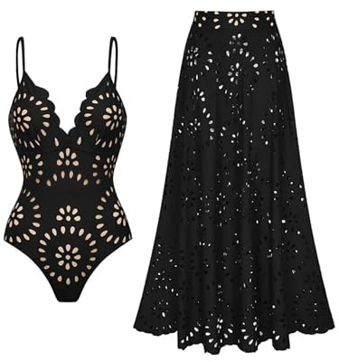 FLAXMAKER Traje de baño de una Pieza para Mujer, diseño de pétalos, Cuello en V y Falda, Traje de baño y Falda Negros, M
