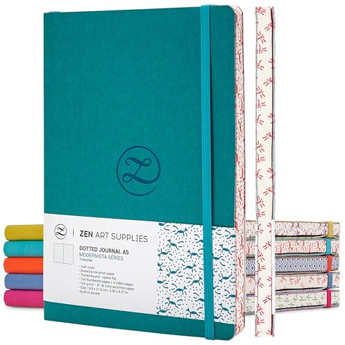 ZenART Supplies A5 Dotted Journal Notebook - Enjoy Bullet Journaling with a Soft Cover, 160 Pages Non-Bleed 120gsm Thick Paper with Japanese Edge Motif - Turquoise Faux Leather Lay Flat Dot Notebook