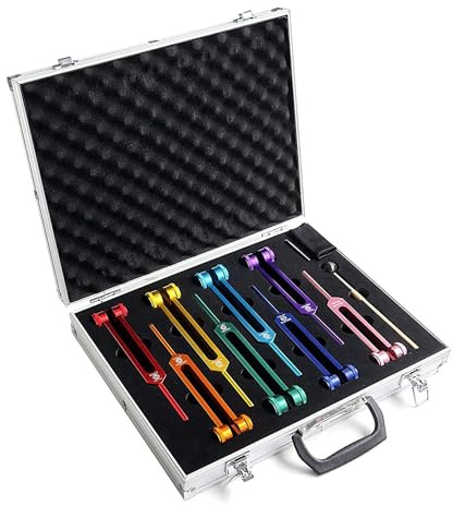 NEWFUN Stimmgabel,Stimmgabel Neurologie,8er Set mit Sockel + 1 Silikonhämmer und Reinigungstücher für Klangtherapie Gewichtete Stimmgabel Geeignet für Meditation, Anti-Kompression
