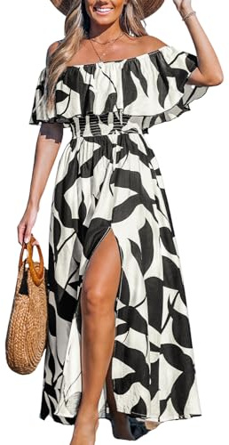 CUPSHE Women Ruffle Floral Maxi Summer Dress Off Shoulder Backless Slit Hem Dresses, Black White M