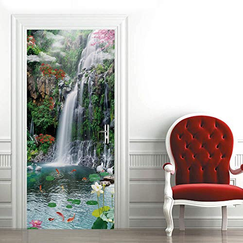 3d Türtapete Selbstklebend Wasserfall Lotusteich Türposter Fototapete, Schlafzimmer Wohnzimmertür Aufzug Tür Aufkleber B77 x H200cm