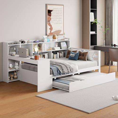 Merax Schlafsofa 90 x 200 cm mit Ausziehbett, Holz Bett mit Schreibtisch und Ablagefächern, Kinderbett mit Steckdose, Weiß (Ohne Matratze)