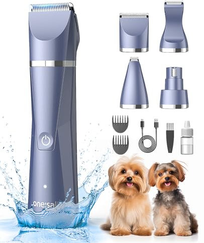 oneisall Dog Clippers Grooming Kit 4 in 1, Low Noise Dog Paw Trimmer&Dog Nail Grinder,IPX7 Waterproof Cordless Pet Trimmer Shaver for Small Dogs and Cats