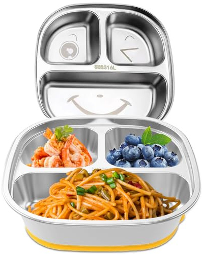 Edelstahl Teller für Baby und Kinder mit Saugnapf - Drei Fächer, Smiley-Muster für Kindermahlzeiten