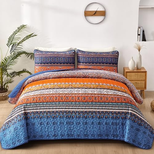 WONGS BEDDING Tagesdecke 220x240 Bettüberwurf Boho Decke Steppdecke 3 Teilig Doppelbett Gesteppt Bettdecke Mikrofaser Wohndecke mit 2 Kissenbezug 50x75 für Schlafzimmer als Sofaüberwurf, Blue Orange