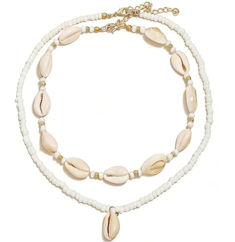 YEAMLTE Collar Conchas Mujer, Collar Ajustable Shell, Bohemio Sencillo de Conchas, Natural con Colgante Estrella de Mar Ajustable, Collares Mujer, para la Playa Fiesta de Verano (2 PCS)