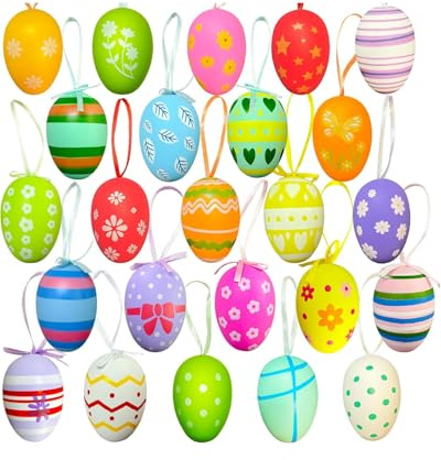 TPZORJX Uova di Pasqua, 24 decorazioni per uova di Pasqua, decorazioni colorate in plastica per uova di Pasqua, albero di Pasqua, decorazioni da appendere, uova, per casa, scuola, ufficio